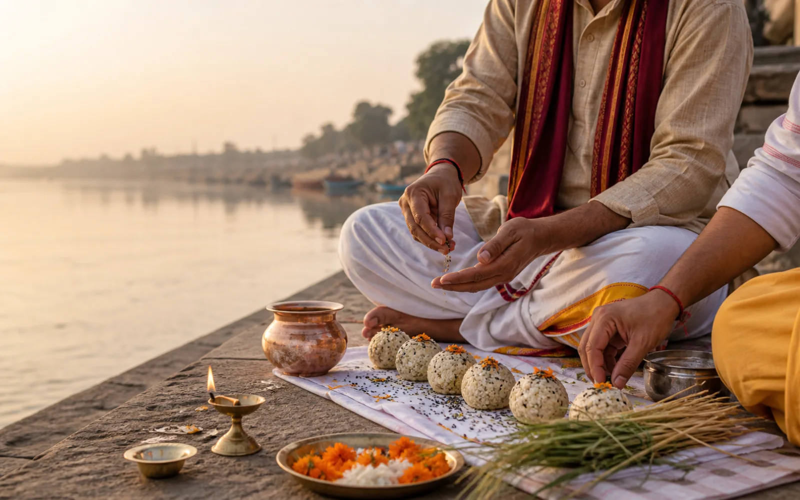 Representative Pind Daan offerings with pinda, sesame, kusha grass and copper vessels beside a river